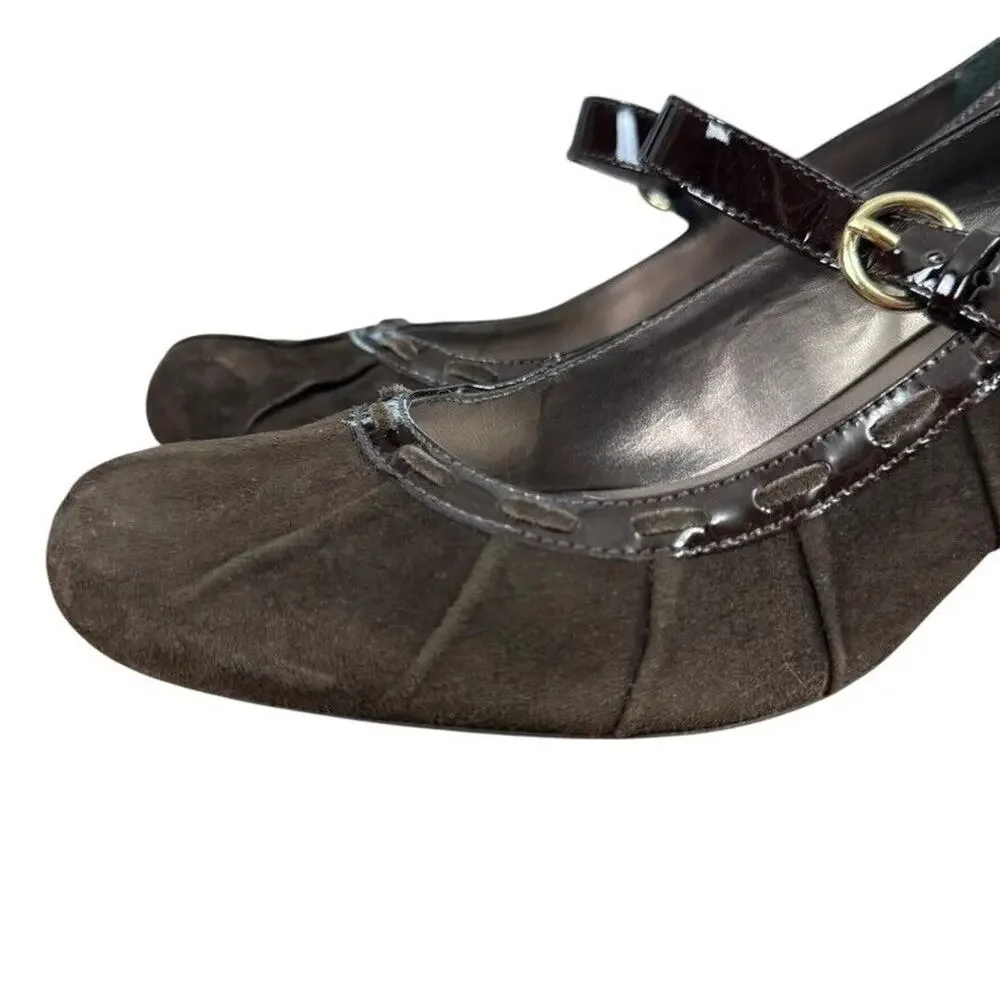 Franco Sarto Womens Dark Brown Nubuck & Patent Leather Mary Jane Heels Shoes 10